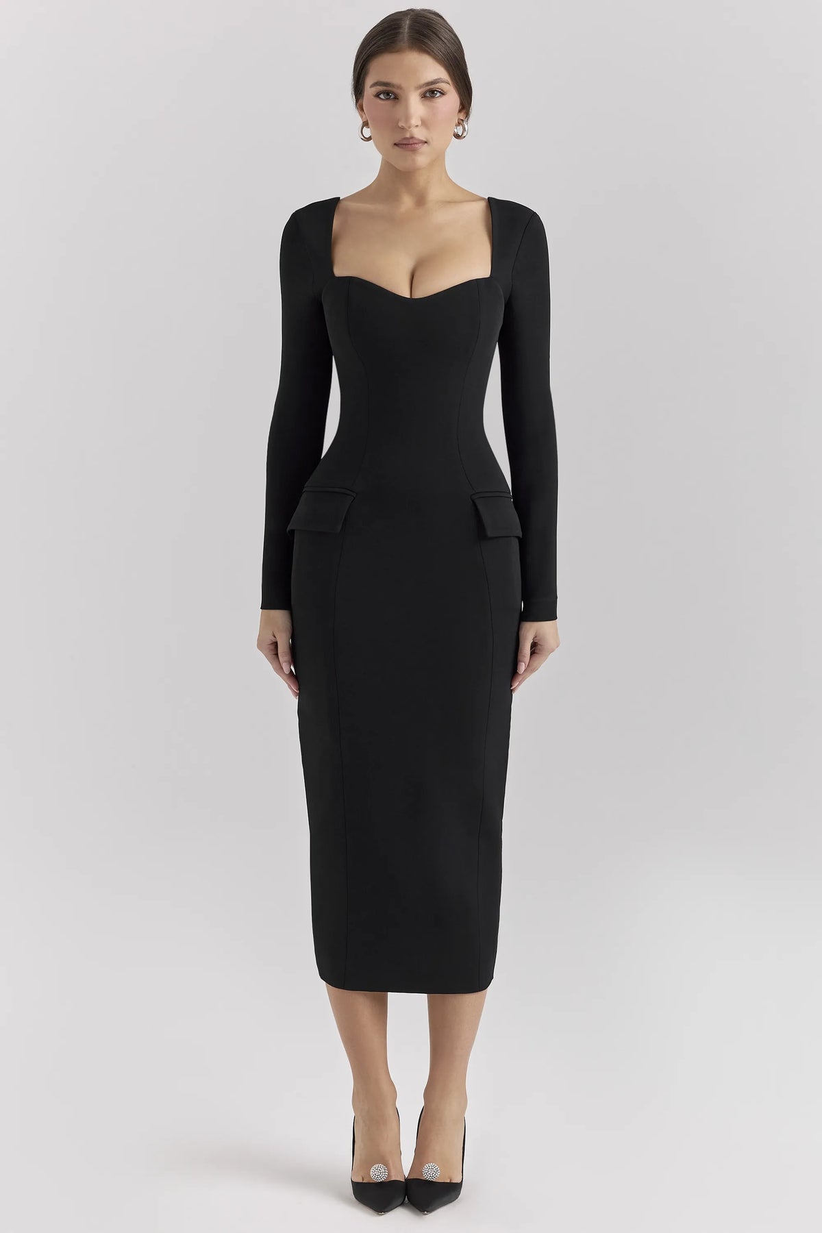 Ella Black Stretch Crepe Long Sleeve Midi Dress