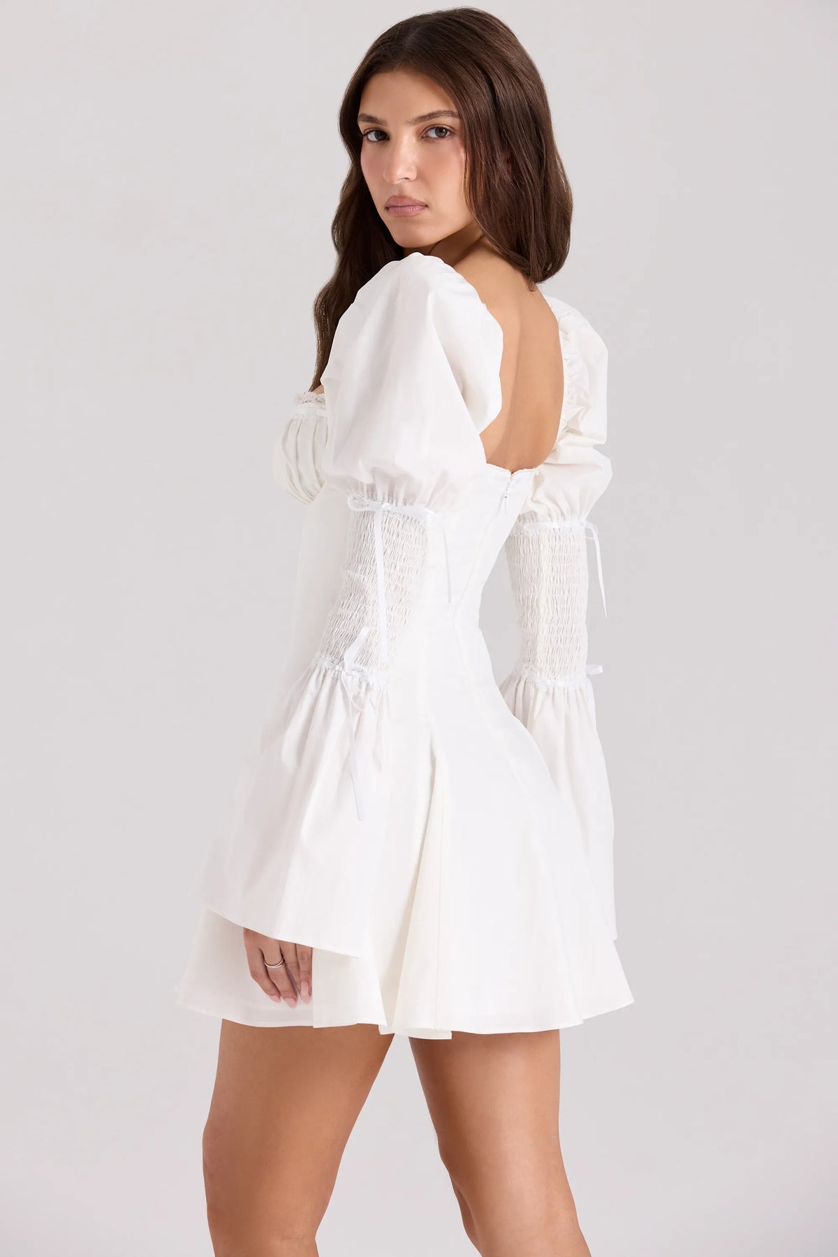 Ellerie White Cotton Flute Sleeve Mini Dress