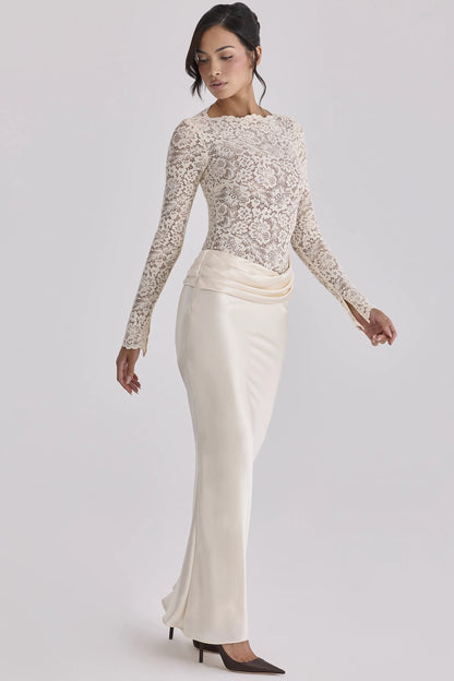 Beau Vintage Ivory Satin Draped Maxi Skirt