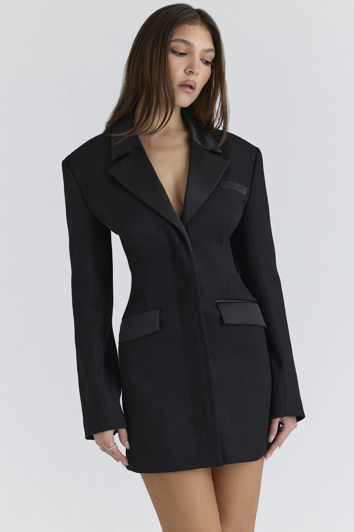 Ellis Black Satin Trimmed Hourglass Blazer Dress