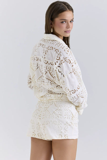 Eman White Cotton Broderie Anglaise Shorts