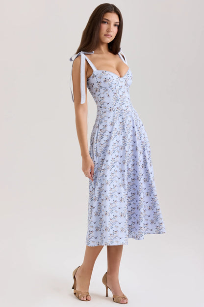Emely Blue Floral Print Stretch Cotton Midi Sundress