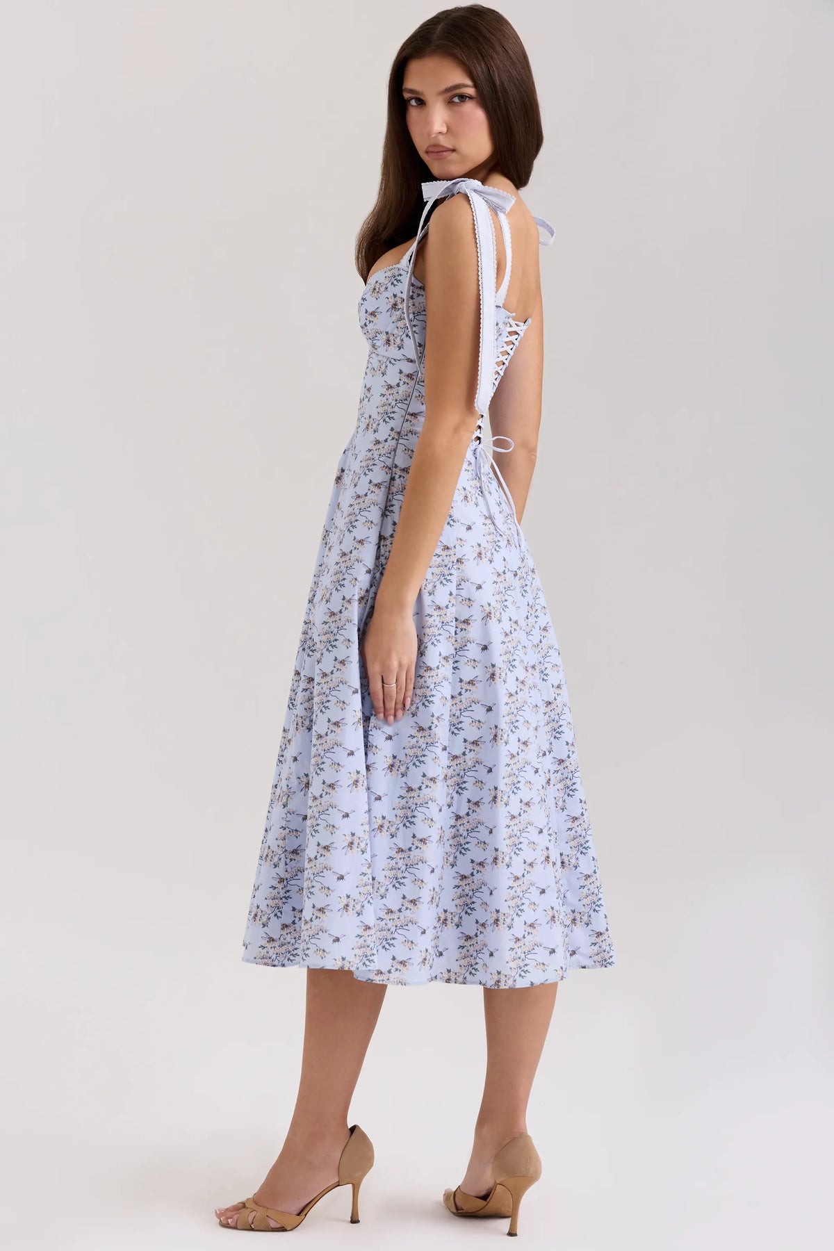 Emely Blue Floral Print Stretch Cotton Midi Sundress