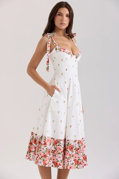 Emely White Floral Print Stretch Cotton Midi Sundress