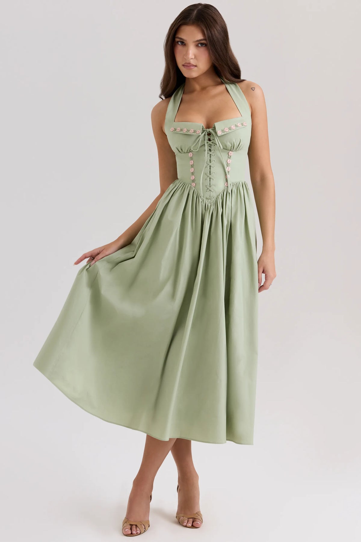 Emilia Sage Stretch Cotton Halter Neck Midi Dress