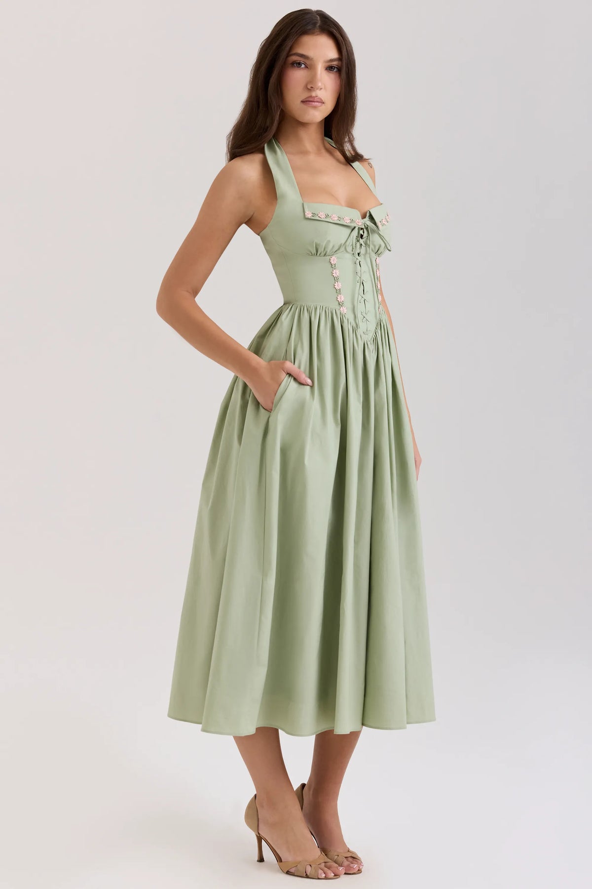 Emilia Sage Stretch Cotton Halter Neck Midi Dress