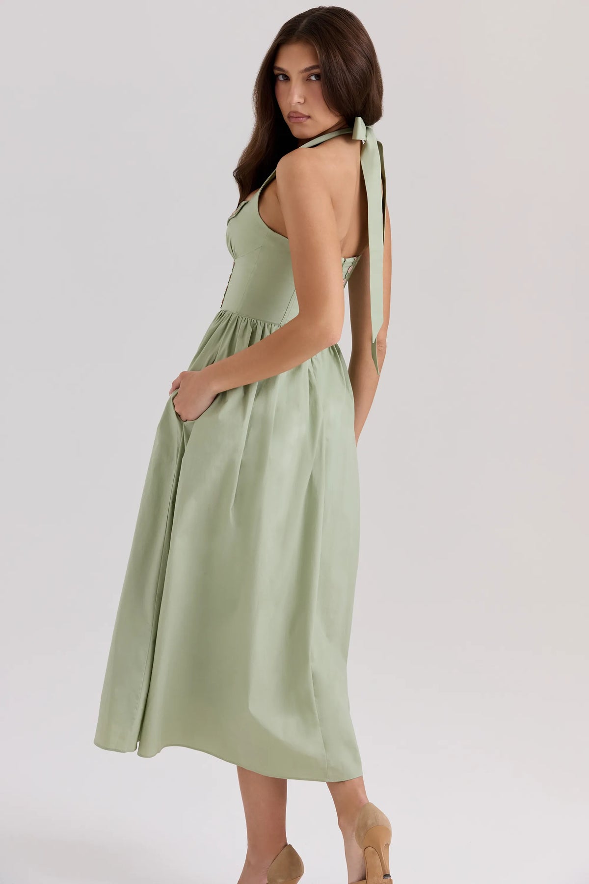 Emilia Sage Stretch Cotton Halter Neck Midi Dress