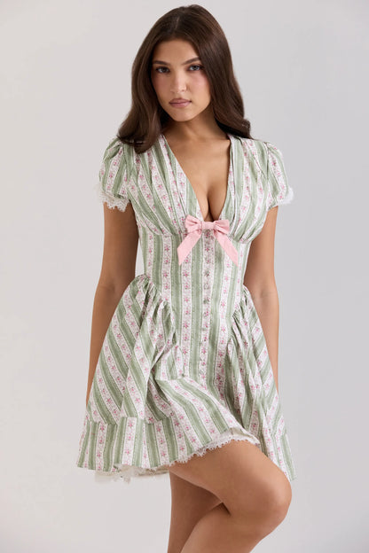 Emiliana Green Stripe Floral Print Stretch Cotton Mini Dress