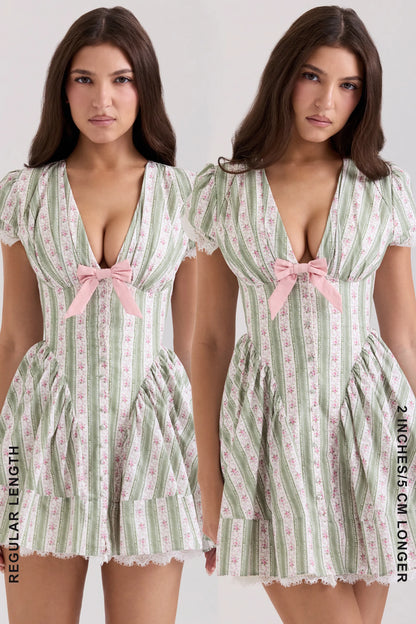 Emiliana Green Stripe Floral Print Stretch Cotton Mini Dress