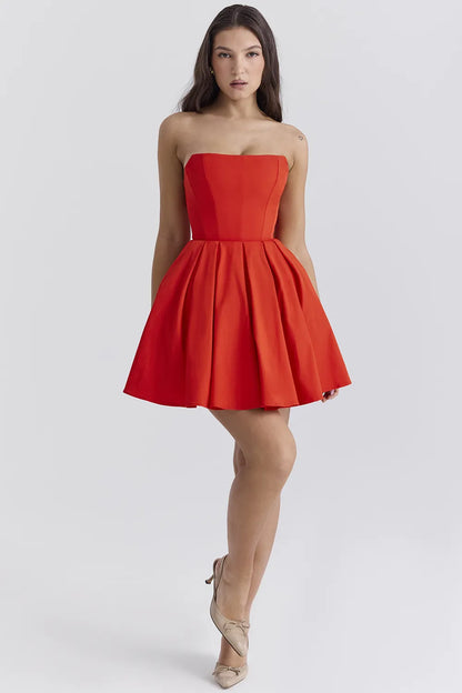 Emmanuela Italian Tomato Strapless Pleated Mini Dress
