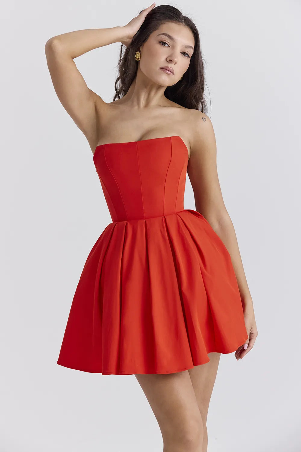 Emmanuela Italian Tomato Strapless Pleated Mini Dress