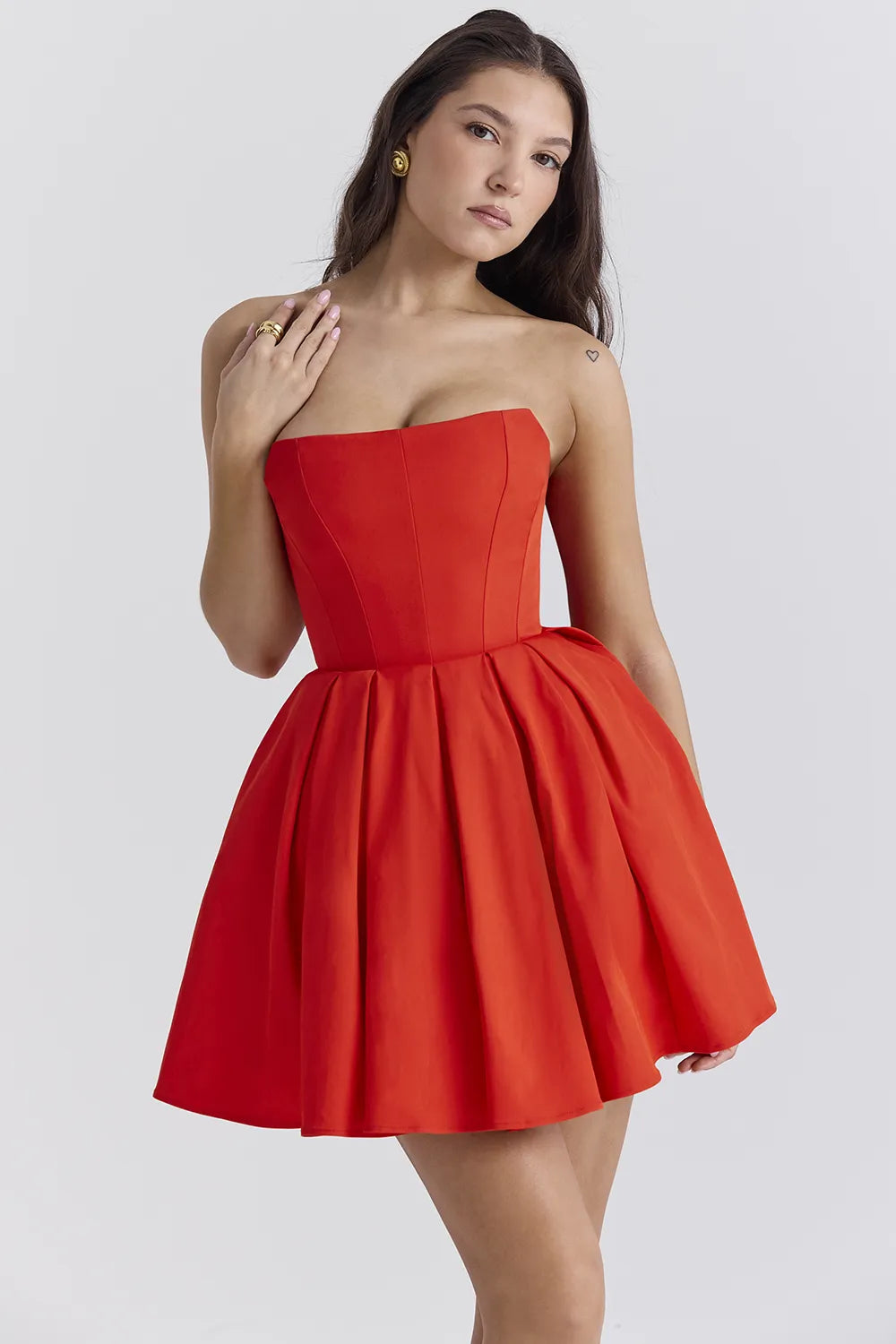 Emmanuela Italian Tomato Strapless Pleated Mini Dress