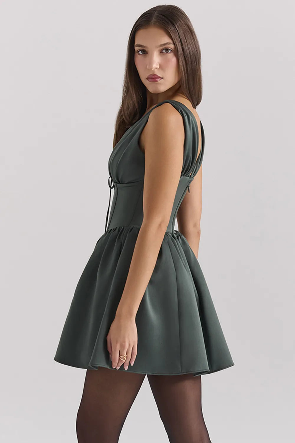 Emmeliette Forest Green Satin Mini Dress