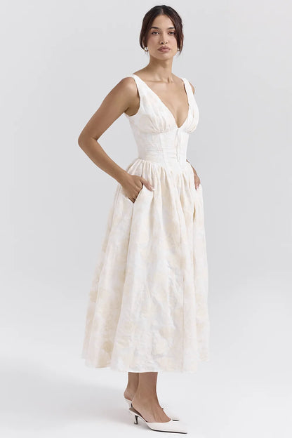 Emmelina Vintage Ivory Floral Embroidered Corset Sundress