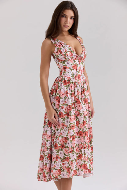 Emmelina Floral Rose Print Stretch Cotton Corset Sundress