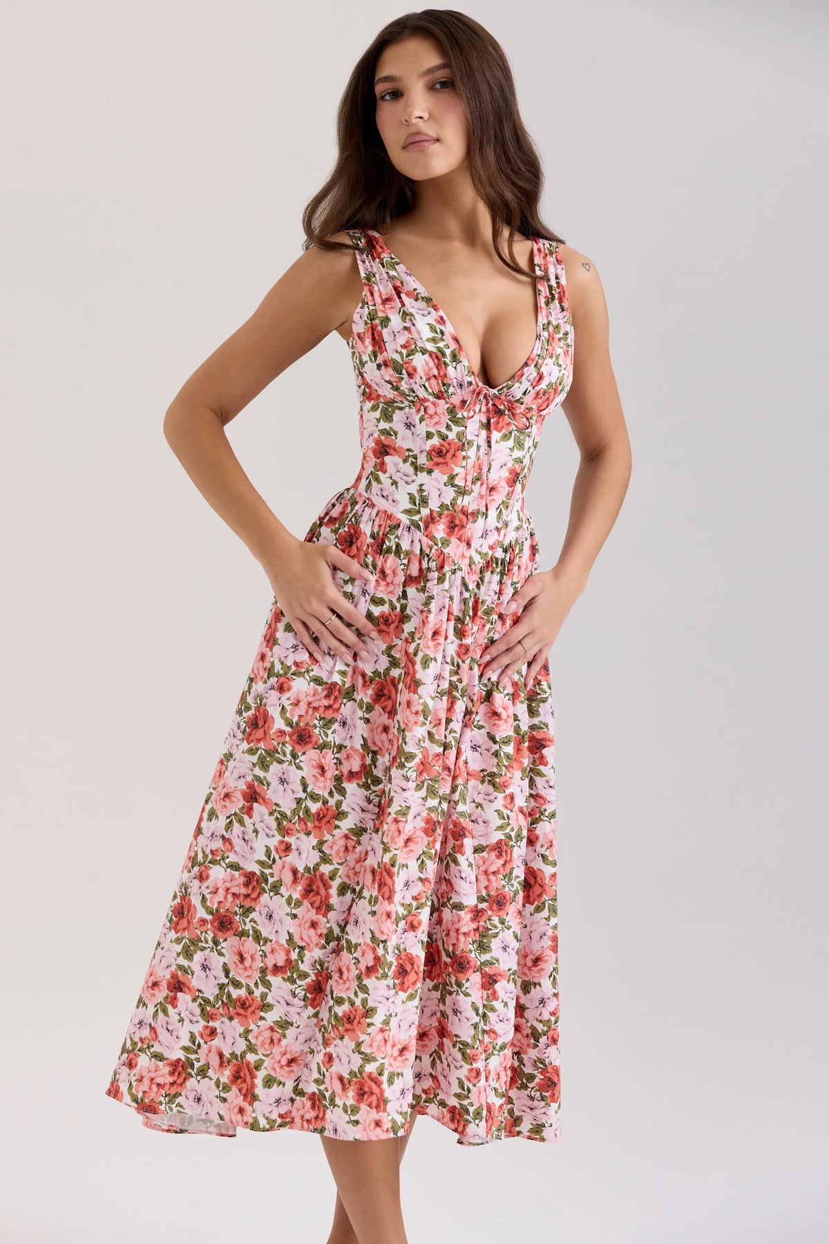 Emmelina Floral Rose Print Stretch Cotton Corset Sundress