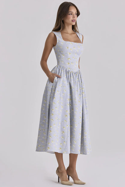 Emmy Blue Wildflower Print Cotton Midi Sundress