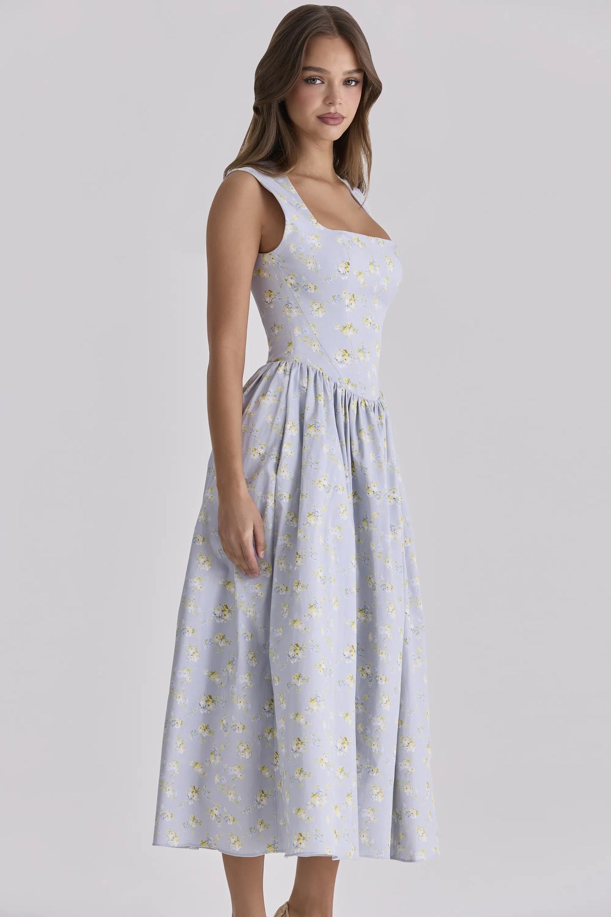 Emmy Blue Wildflower Print Cotton Midi Sundress