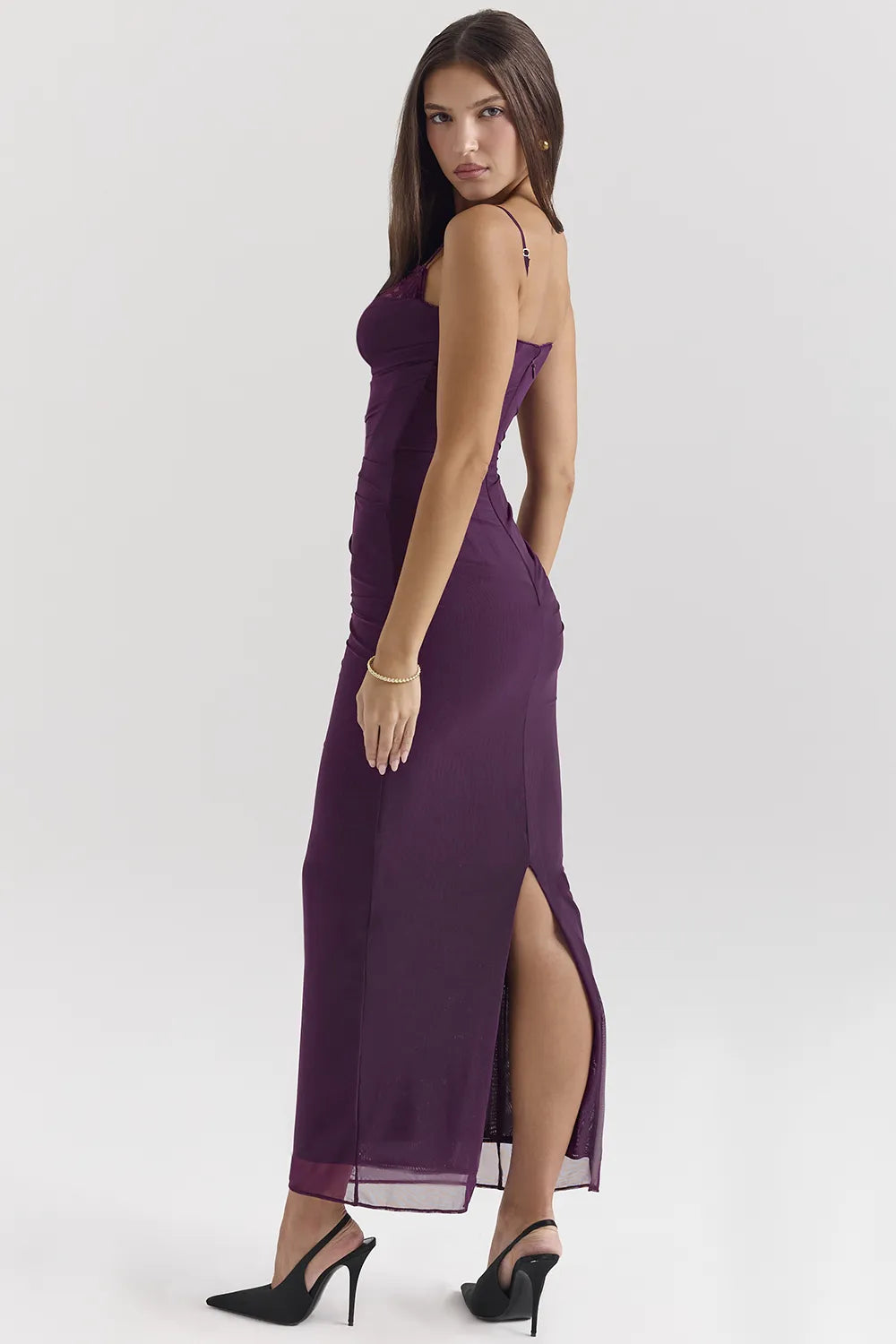Nalini Grape Mesh Corset Maxi Dress