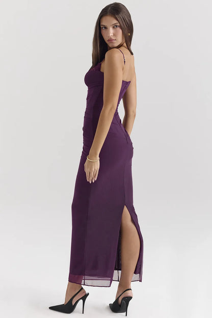 Nalini Grape Mesh Corset Maxi Dress