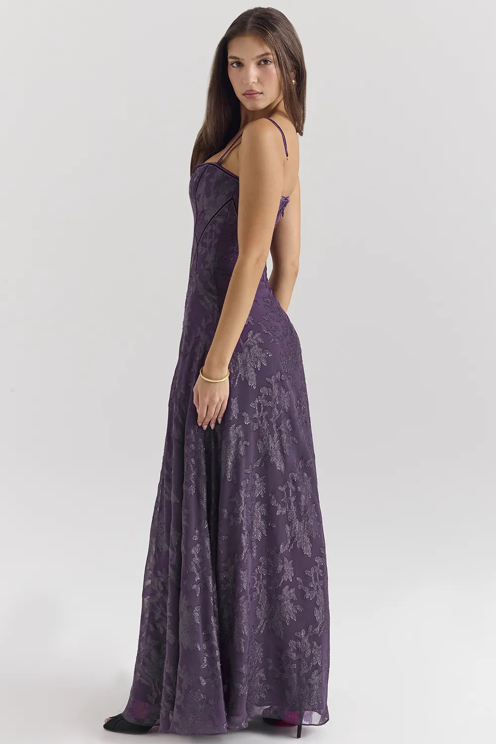 Esme Grape Lurex Chiffon Maxi Dress