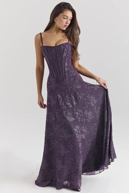 Esme Grape Lurex Chiffon Maxi Dress
