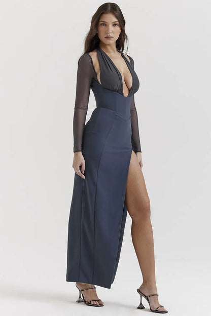 Evangelina Slate Plunge Maxi Dress