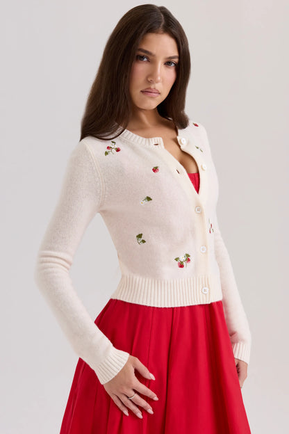 Evelina Cream Wool Embroidered Cardigan