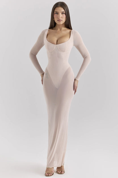 Everly Blush Mesh Maxi Dress with Bodysuit