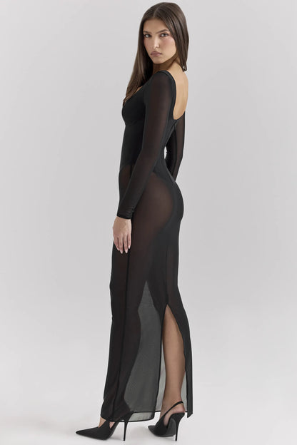 Everly Black Mesh Maxi Dress with Bodysuit