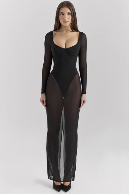 Everly Black Mesh Maxi Dress with Bodysuit