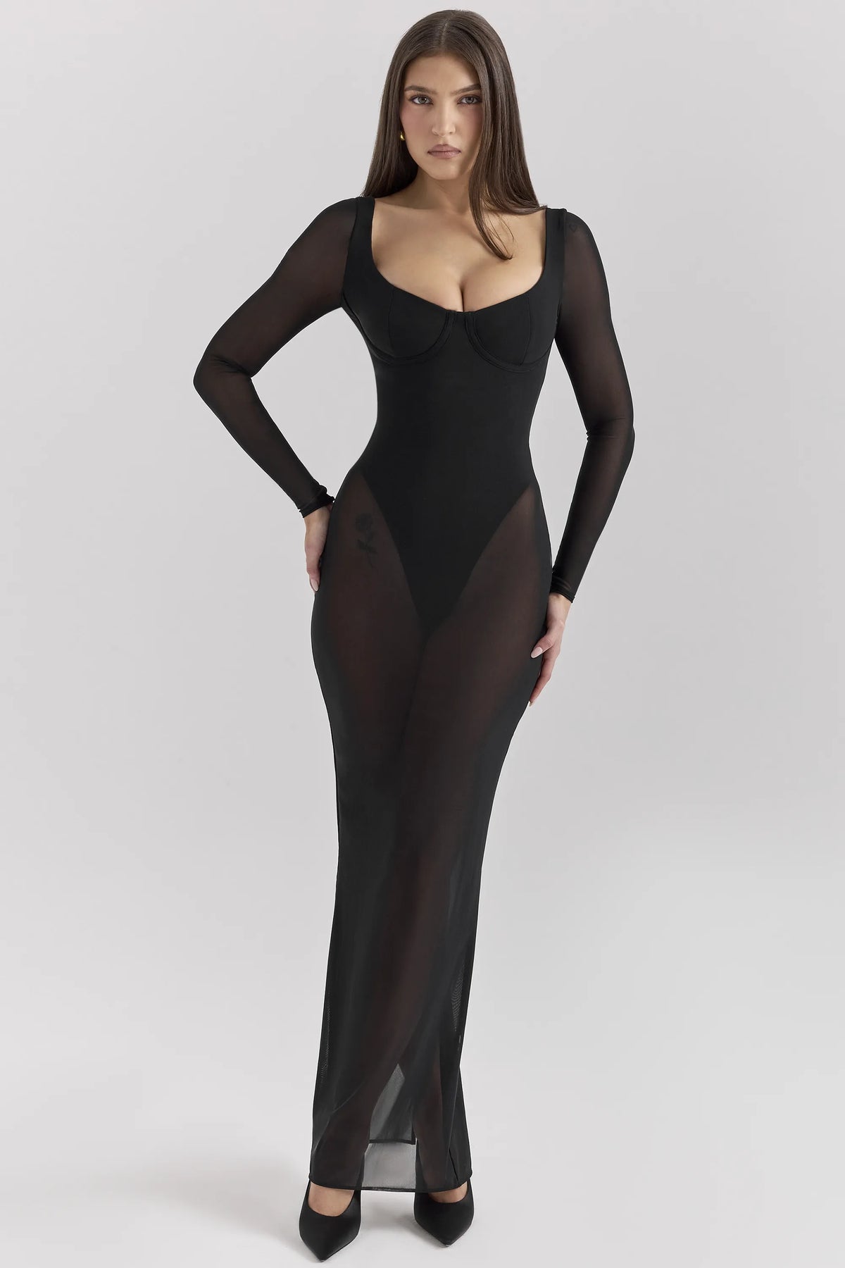Everly Black Mesh Maxi Dress with Bodysuit
