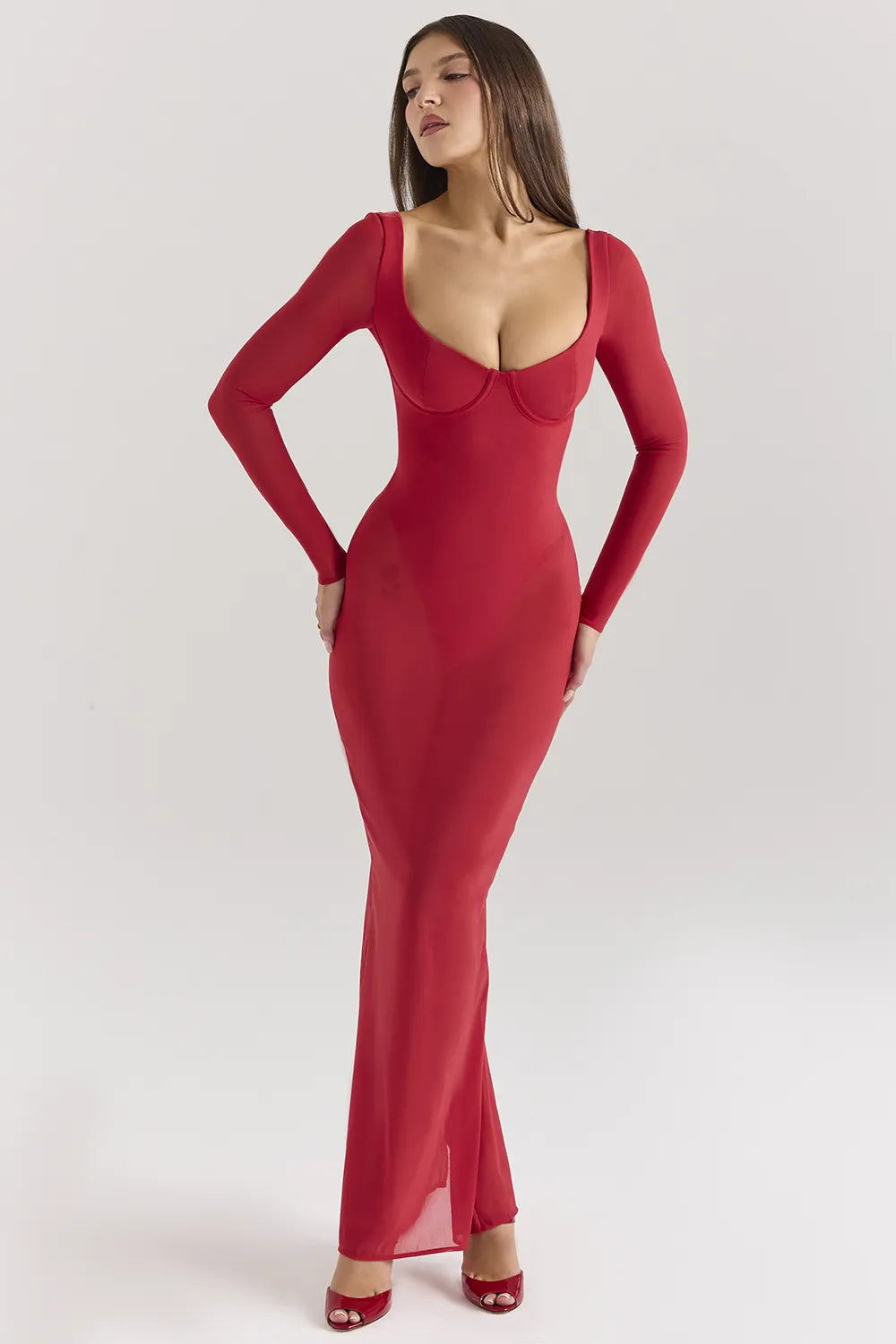 Everly Holly Red Mesh Maxi Dress with Bodysuit