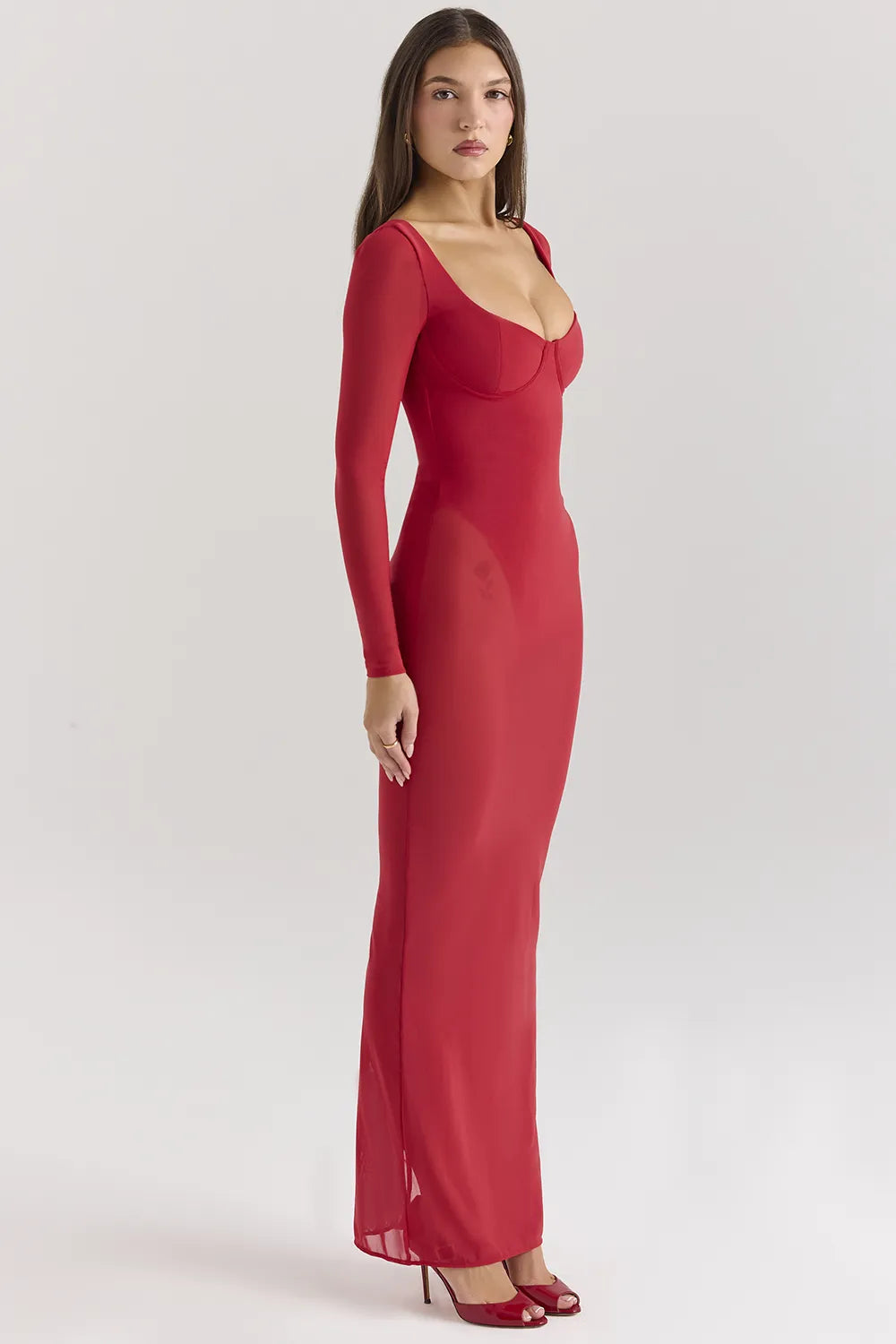 Everly Holly Red Mesh Maxi Dress with Bodysuit