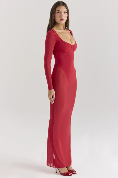 Everly Holly Red Mesh Maxi Dress with Bodysuit