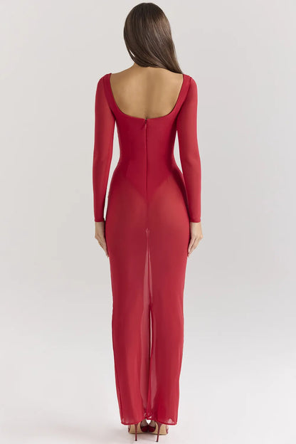 Everly Holly Red Mesh Maxi Dress with Bodysuit
