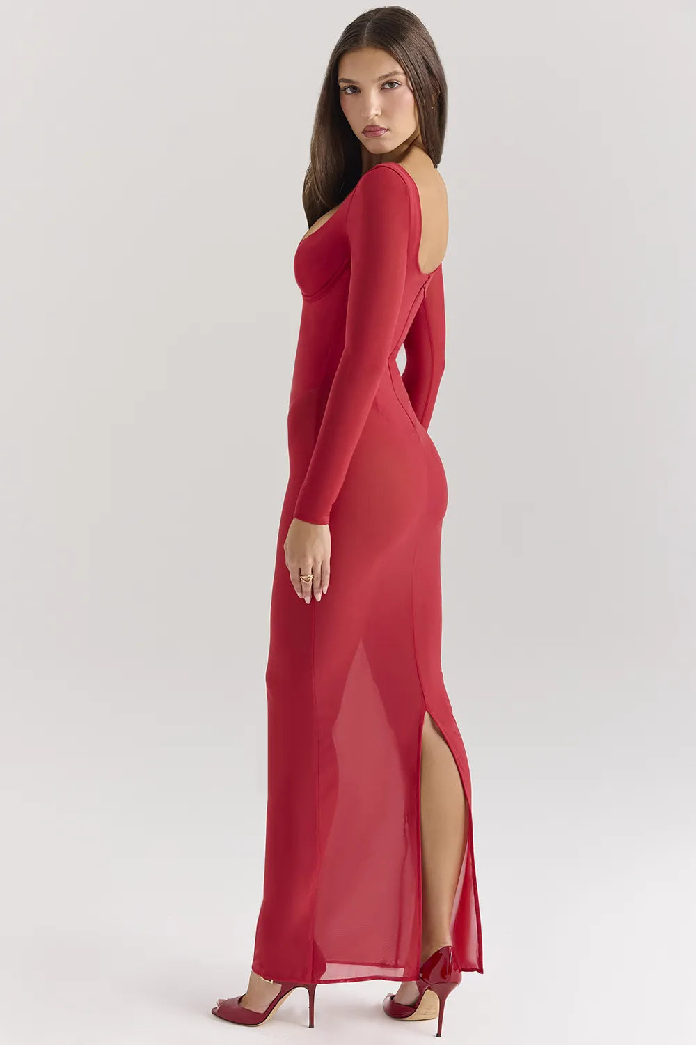 Everly Holly Red Mesh Maxi Dress with Bodysuit