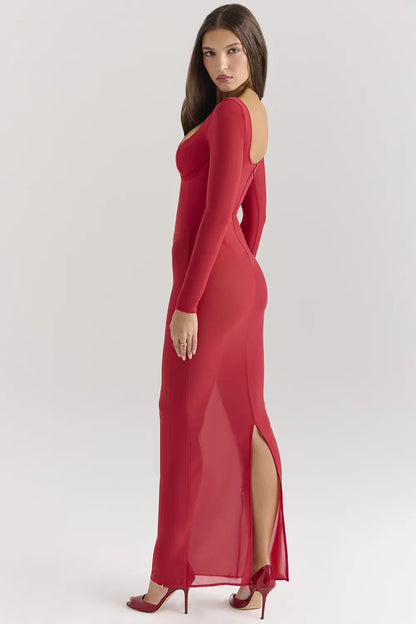 Everly Holly Red Mesh Maxi Dress with Bodysuit