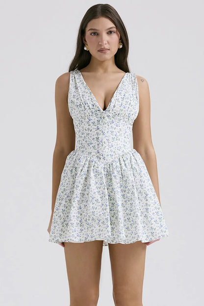 Fabrizia White Bluebell Print Corset Mini Dress