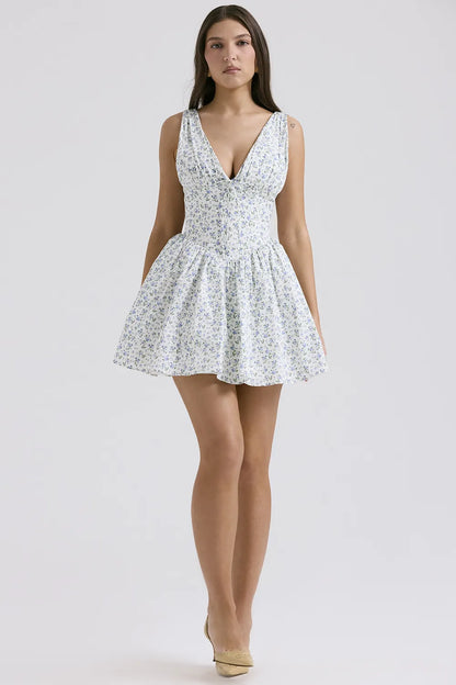 Fabrizia White Bluebell Print Corset Mini Dress