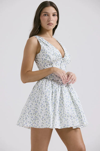 Fabrizia White Bluebell Print Corset Mini Dress