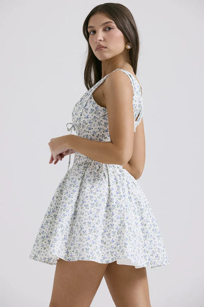 Fabrizia White Bluebell Print Corset Mini Dress