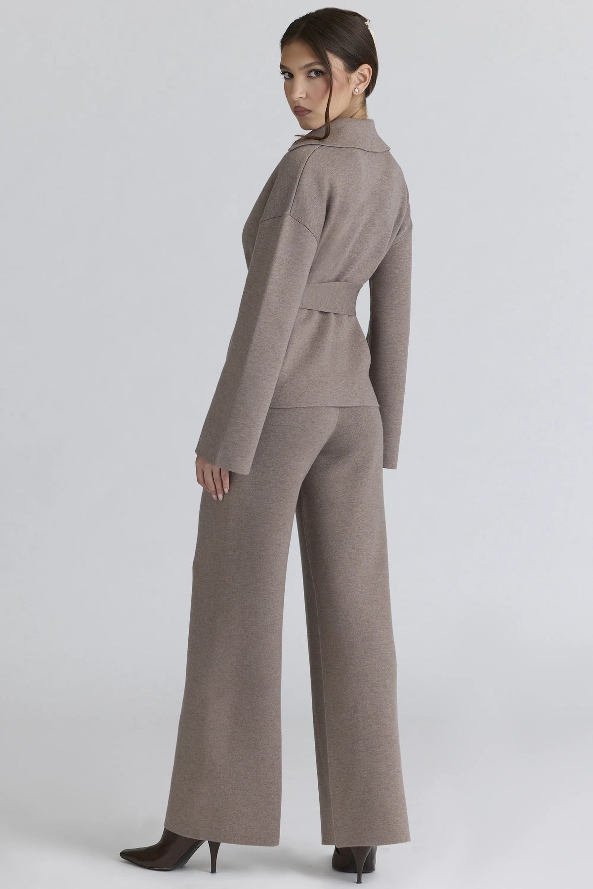 Avery Taupe Wool Wide Leg Trousers