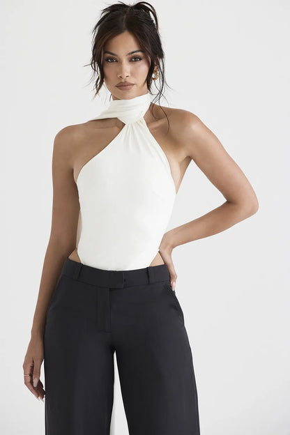Farrah Ivory Satin Wrap Neck Bodysuit