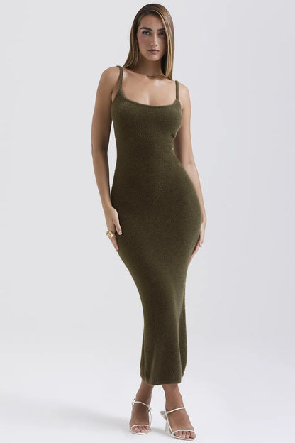 Fayette Khaki Soft Fluffy Knit Maxi Dress