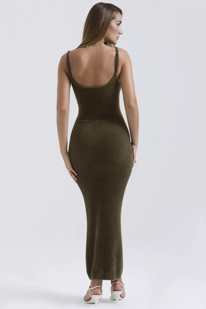 Fayette Khaki Soft Fluffy Knit Maxi Dress