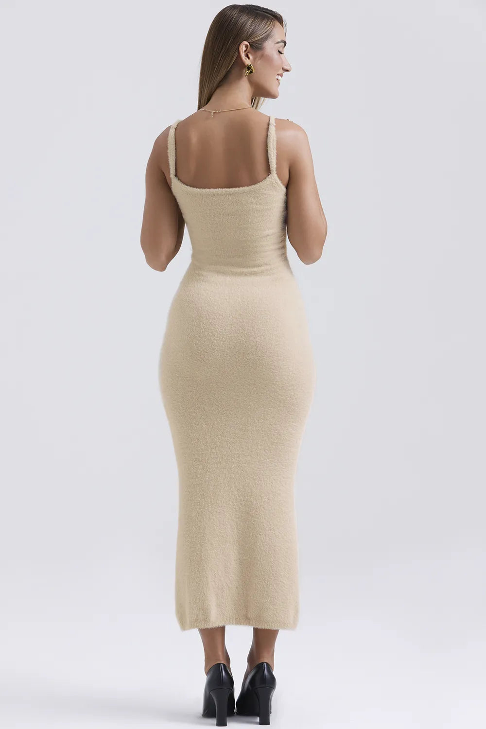 Fayette Beige Soft Fluffy Knit Maxi Dress