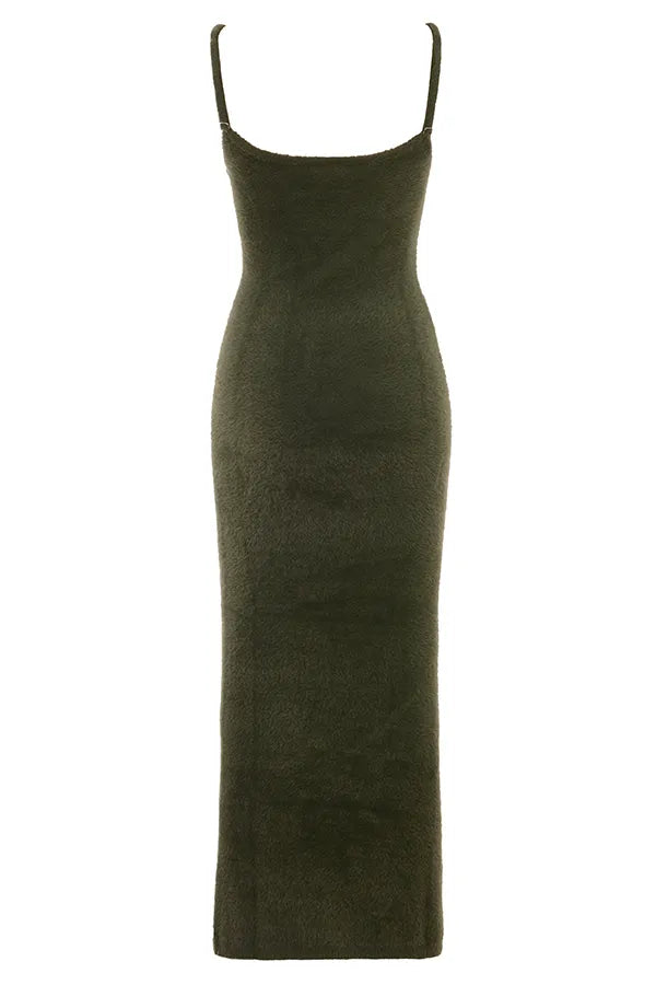 Fayette Khaki Soft Fluffy Knit Maxi Dress