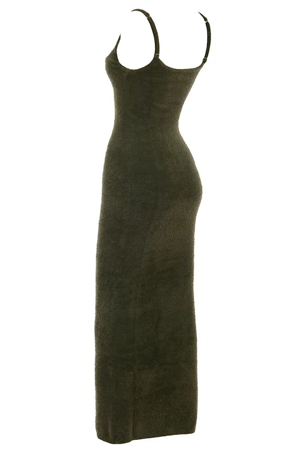 Fayette Khaki Soft Fluffy Knit Maxi Dress