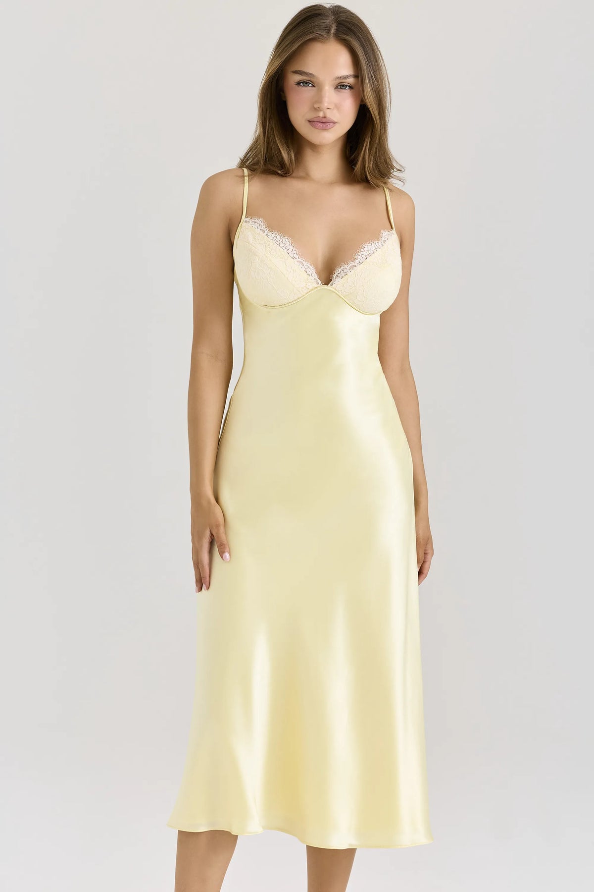 Felicity Butter Yellow Satin Bias Cut Midi Dress